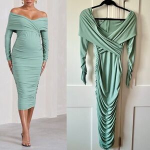 Club L London Devine Sage Ruched Twist Bardot Maternity Midi Dress Green Sz 4
